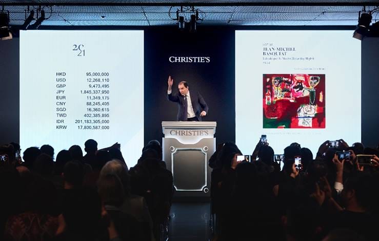 Auctioneer Adrien Meyer selling Jean-Michel Basquiat’s Sabado por la Noche (Saturday Night) (HK$112,625,000 / US$14,544,212)

during Christie’s 20th / 21st Century Evening Sale in Hong Kong